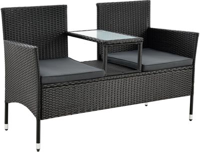 Juskys Polyrattan Gartenbank Monaco - 2-Sitzer Bank mit Tisch & Kissen - 133 × 63 × 84 cm - Rattan Sitzbank wetterfest Garten Balkon – schwarz