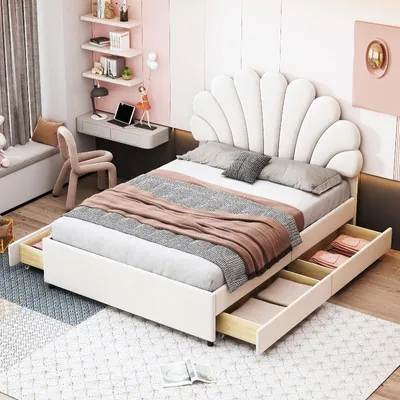 Productafbeelding van Boxspringbed 140x200 cm met een hoofdeinde in bloemvorm, 4 lades en een lattenbodem, beige fluweelbed met opbergvakken voor de slaapkamer