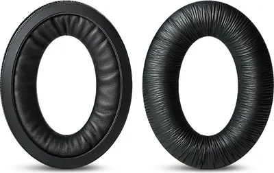 Two black ear pads for headphones are shown side-by-side against a white background.