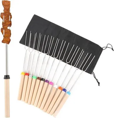 Obrázok produktu pre Nastaviteľné grilovacie špajdle z nehrdzavejúcej ocele – 31–81 cm – drevená rukoväť – 12 farieb – vrátane prepravného kufríka