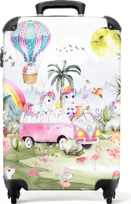 Produktbild von NoBoringSuitcases.com Kinder Handgepäck Koffer 55x35x20 cm, 36L, Bunte Drucke für Mädchen: Rosa - Einhorn, Reisekoffer mit 4 Rollen