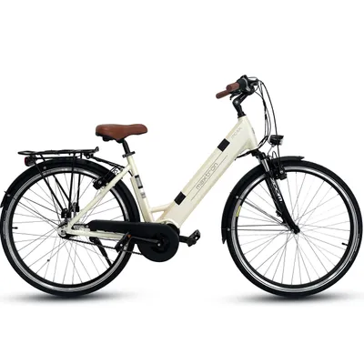 A studio shot of a cream-colored electric bicycle against a white background.
