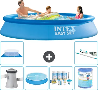 Produktbild von Intex runder aufblasbarer Easy Set-Schwimmpool – 305 x 61 cm – Blau – inklusive Pumpe Sonnensegel - Wartungspaket - Filter - Bodenplane - Staubsauger