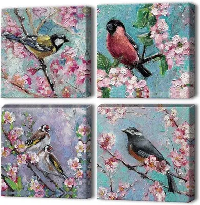 Produktbild von Famanu Wandbilder - Blumen und Vögel, moderne Ölgemälde, gerahmt, 30 x 30 cm, 4 Stück