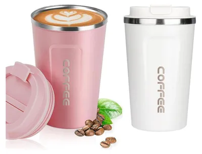 Zdjęcie produktu dla Kubek termiczny ERBO Coffee Mug to go Szczelny kubek termiczny ze stali nierdzewnej 380 ml Biały Różowy Zestaw 2 szt