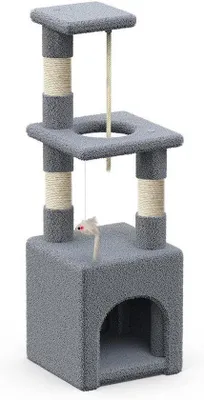 Image de Petit arbre à chat avec plateforme et grotte - Colonne griffoir stable pour chats - Hauteur 88 cm - Gris