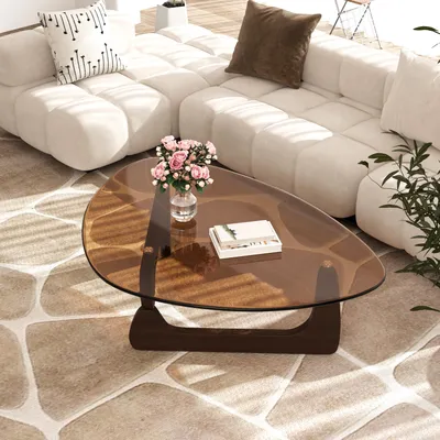 Immagine prodotto di Vrygle Tavolino da Salotto Rotondo in Vetro con Gambe in Legno – Tavolino Moderno da Soggiorno, Tavolino da Caffè Design 110,5 × 76,5 × 42 cm
