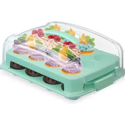Produktbild von Cupcake Transportbehälter, Wiederverwendbar Muffin Transportbox, 24 Cupcakes & Muffins, 2 Etagen, Tragegriff, 12,5 x 38 x 29 cm, Kuchenbox, türkis