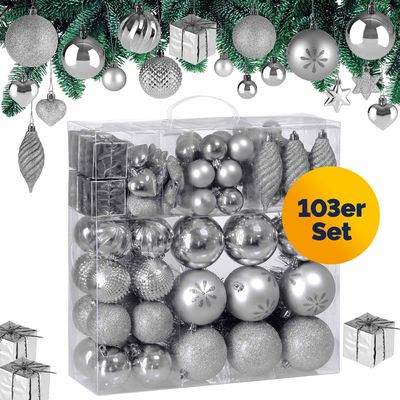 DEUBA® Weihnachtskugeln 103tlg Ø 3-8cm Kunststoff matt glänzend Christbaumkugeln Christbaumschmuck Anhänger Weihnachtsbaumkugeln Weihnachtsdeko Silber