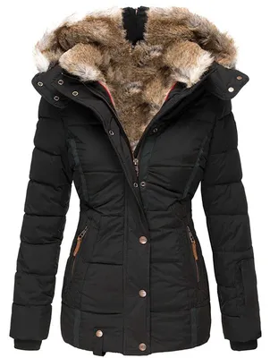 Productafbeelding van Elzusha - Dames Winterjas met Capuchon - Slim Fit Gewatteerd Lichtgewicht Zwart