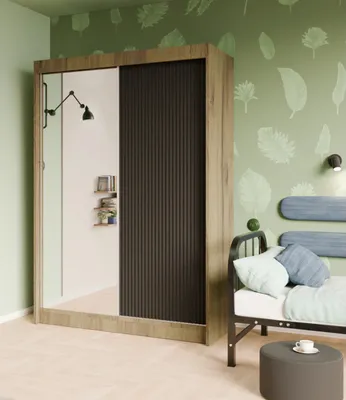 Produktbild von Schwebetürenschrank, 2-türig Kleiderschrank und Spiegel, Moderne Garderobe, Schrank in Größe: 150 x 215 x 61 cm