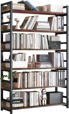 A multi-shelf industrial-style bookshelf filled with books and decorative items.