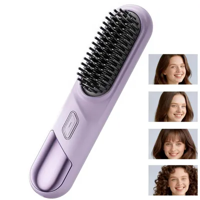 Produktbild von Kabellose Glättbürste mit Ionen, Keramik Heizbürste, 3 Temperaturstufen, Mini Reise-Haarglätter, LCD Display – Lila,Haarglätter Bürste