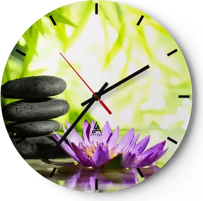 Produktbild von Wanduhr - Rund - Glasuhr - Spa bambus blume wasser - 30x30cm - Schleichendes Uhrwerk - Lautlos - zum Aufhängen bereit - Dekoration Modern - Wanddekoration aus Glas - C3AR30x30-2477
