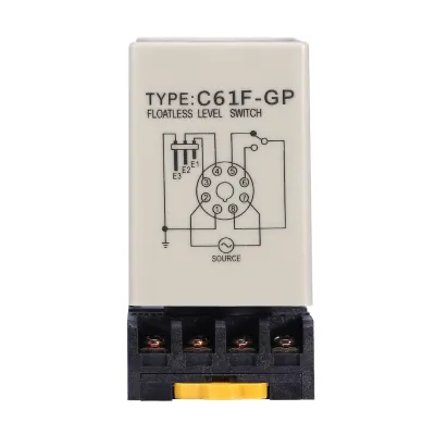 A floatless level switch controller with its base, shown against a white background.
