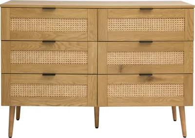 Produktbild von Miliboo - Kommode mit heller Holzoberfläche, Rattan und schwarzem Metall, 6 Schubladen L120 cm MANILLE