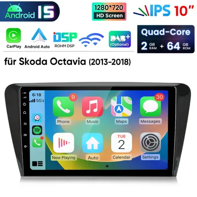 Produktbild von 10” Carplay Android 15 Autoradio Für Skoda Octavia 2013-2018 GPS Navi WIFI BT DAB+ SWC USB DSP 2GB+64GB