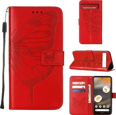 Produktbild von Google Pixel 7A Hülle, Schmetterling Prägung Flip Leder Kartenfächer Schutzhülle Ledertasche mit Ständer für Google Pixel 7A Rot