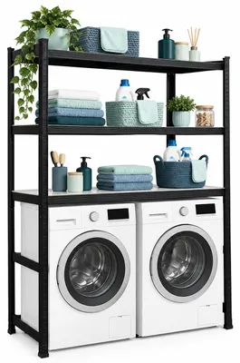 Obrázek produktu pro Relaxdays, regál pro pračku, rozměry (v x š x h): 180 x 130 x 40 cm, 3 police, nosnost 600 kg, materiál: ocel, MDF, systém snadné montáže, regál pro skladování, barva: černá, Obrázek vytvořený pomocí AI