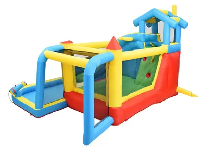 Obrázok produktu pre Nafukovací skákací hrad, vyrobený z odolného PVC materiálu, rozmer 364 x 315 x 289 cm, vhodný pre deti vo veku 3-10 rokov, 5 herných zón, jednoduchá montáž
