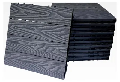 Produktbild von WPC-Bodenfliesen für den Außenbereich, zum Stecken, für Terrasse, Balkon, Garten, Pool, Holzoptik, rutschfest, PVC-Unterseite (3D-grau, 22 Stück)