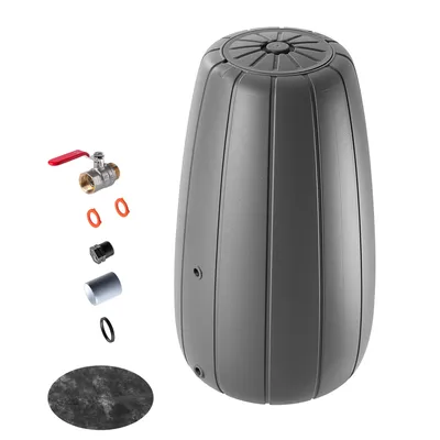 A rain barrel and its accessories are displayed against a white background.