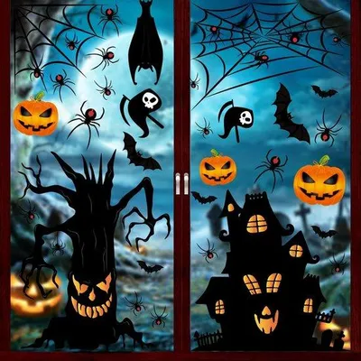 Produktbild von Unyqoos® Halloween Fenstersticker – 157 Teile (9 Bögen), wiederverwendbare PVC-Fensteraufkleber für Fenster und glatte Flächen mit Kürbis, Spinne, Hexe, Geist, Schloss