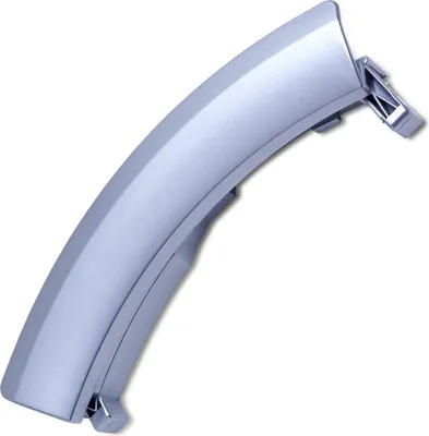 A silver-colored washing machine door handle is shown against a white background.