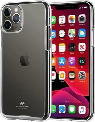 A transparent phone case is shown next to an iPhone displaying its home screen.