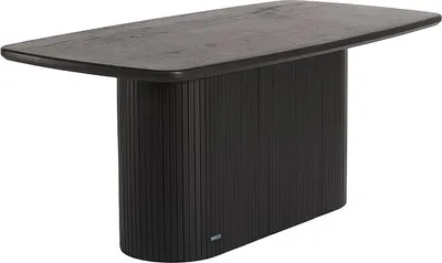 A black wooden dining table with a fluted base, shown from a three-quarter angle against a white background.