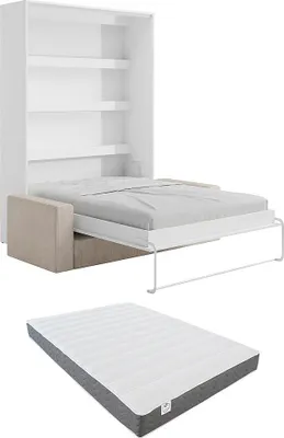 Produktbild von Schrankbett + Sofa + Matratze - 140 x 200 cm - Manuelle vertikale Öffnung - Mit LED-Beleuchtung - Weiß - RAPILI