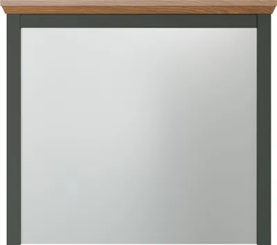 A mirror with a wooden top and a dark gray frame.