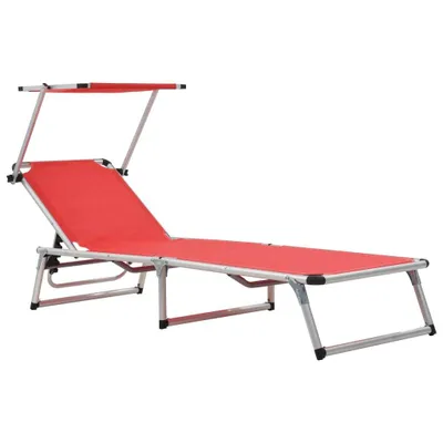Image de Chaise longue pliable avec toit aluminium et textilène rouge