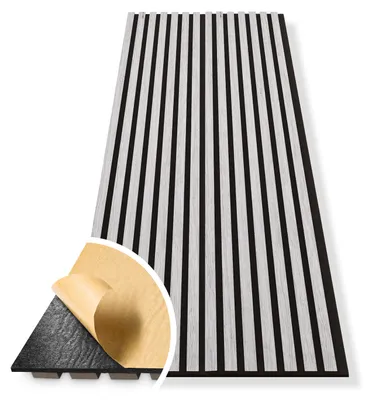 Productafbeelding van HAGEFOL® Akoestische panelen, zelfklevend EasyFix, houten wandpaneel, 240x56 cm, kleur: grijs hout, 2 stuks, verpakt in een doos van 240x28 cm