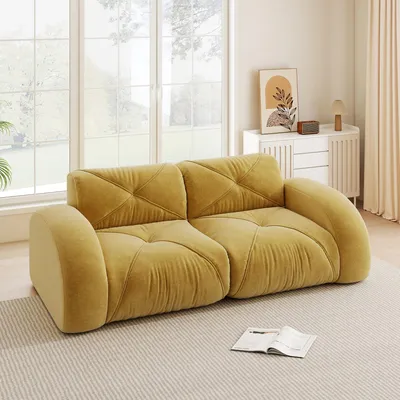 Produktbild von Chenille-Zweisitzer-Sofa, rahmenlos, 32D-Schaumstoff, rutschfest, kein Aufbau nötig, 204 x 95 x 76 cm, Gelb
