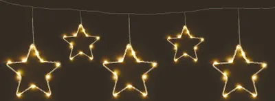 A string of five star-shaped LED lights hanging against a dark background.