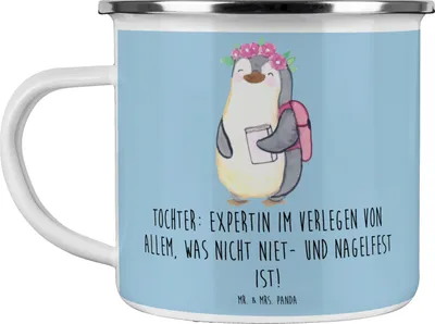 Produktbild von Mr. & Mrs. Panda Emaille Tasse Tochter Expertin - Blau Pastell - Geschenk, Zuneigung, Weihnachten, Humor, Teetasse, blechbecher, Freude, Liebenswert, Becher, Chaos, Pott