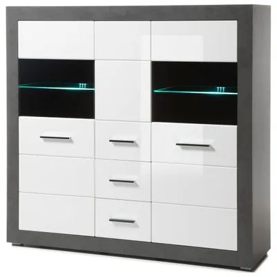 Produktbild von Highboard mit LED-Beleuchtung ETON-61 in Betonoptik dunkel & Hochglanz weiß B/H/T: 149/142/42cm