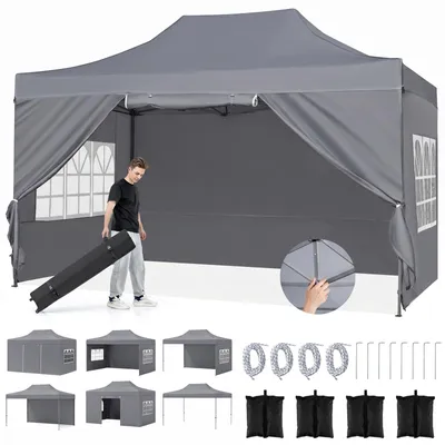 Produktbild von COSTWAY Pop up Pavillon 3x4,5m, Faltpavillon wasserdicht Winterfest mit 4 Seitenwänden, Sandsäcken & Rolltasche, Gartenpavillon höhenverstellbar Grau