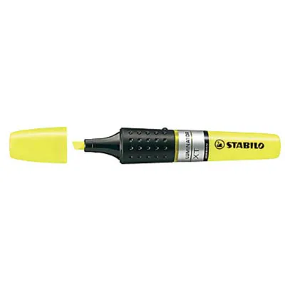 A yellow highlighter with its cap off, lying on a white background.