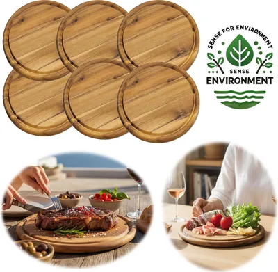 Produktbild von LS-LebenStil 6 x Fleischteller 25cm Rund Akazie Holz 6´er Set Brotzeitbrett Schneidebrett Servierteller Pizzateller Vesperbrett Käsebrett Steakbrett