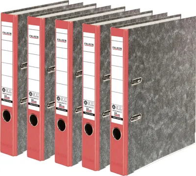 Produktbild von Original Falken 5er Pack Recycling-Ordner Wolkenmarmor.  Germany. 5 cm schmal DIN A4 roter Rücken Ringordner Aktenordner Briefordner Büroordner Pappordner CO2-Neutral Blauer Engel