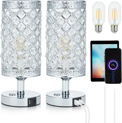 Produktbild von Crystal Touch Schreibtischlampe, 3000 K, warmweisse LED-Birne mit USB-C+A-Ladeanschluss, 4000 mAh Akku, Schlafzimmer-Nachttischlampe