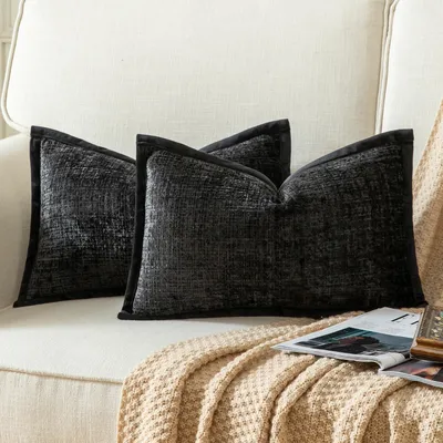 Produktbild von Set mit 2 Kissenbezügen, schwarz, 40x60 cm, Chenille mit Samtrückseite, für Sofa, Schlafzimmer, Wohnzimmer