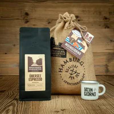 Produktbild von Die Speicherconsorten Geschenkeset "Espressosack Moin Giorno" inkl. Keramikbecher