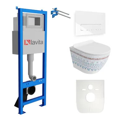 Produktbild von Lavita LAV 101 Vorwandelement für WC 40cm + Wand Hänge Tiefspül WC SOFI SLIM FOLKLOR Spülrandlos + Bedienplatte LAV 200.3.1 Weiß | Komplettset | Unterputz Spülkasten | Toilette Komplett Sett