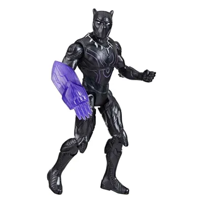 A Black Panther action figure with a purple accessory on its left arm, standing against a white background.