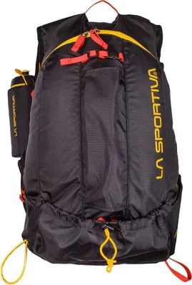 A black backpack with yellow and red accents, shown from the front.