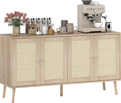 Produktbild von ZMH Wohnzimmer-Sideboard Aufbewahrungsmöbel Schrank mit Rattantüren und verstellbarem Einlegeboden 140 x 40 x 75 cm Holzoptik