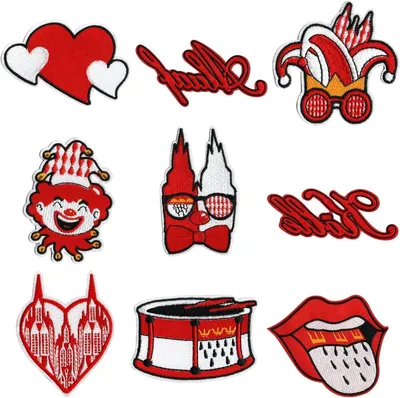 Productafbeelding van Strijkpatches Carnaval - Strijkapplicaties Feest - Kostuums Versieren - Traditionele Ontwerpen - 9 Stuks - Rood Wit